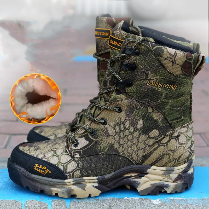 

Осенне-зимние Нескользящие износостойкие охотничьи ботинки из ткани Оксфорд бионический камуфляж сохраняют тепло для активного отдыха ры...