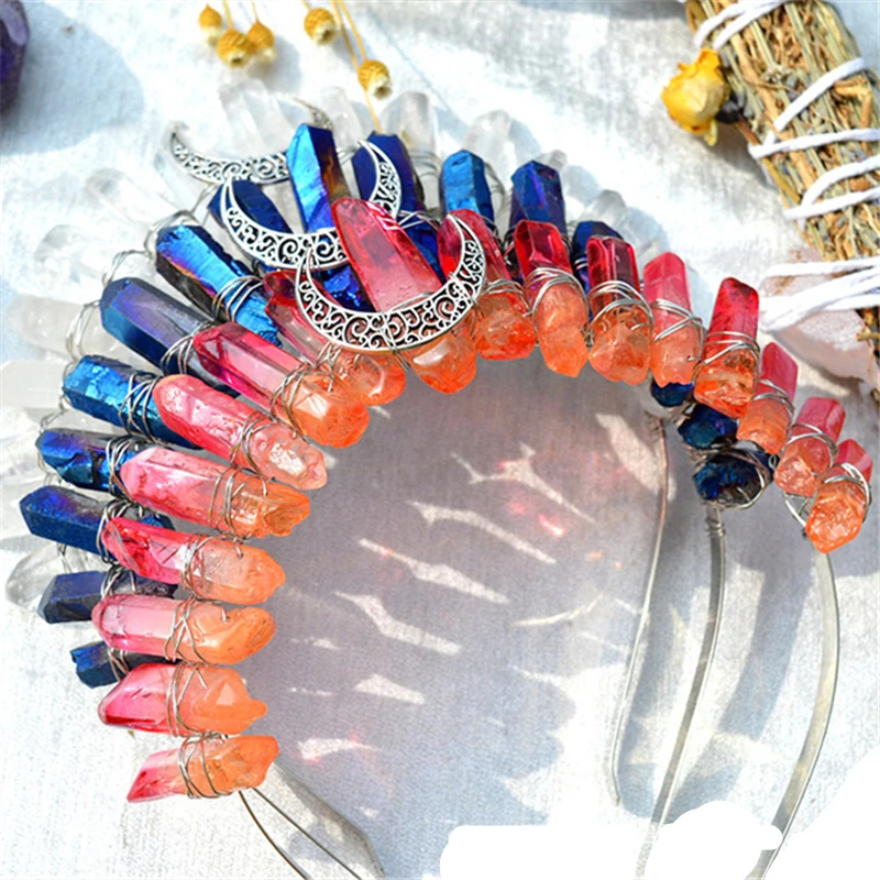 

Mermaid Purple Colorful Rhinestone Crystal Queen Moon Big Crown Bridal Wedding Tiara Women Fashion Hair Accessories Jewelry Gift