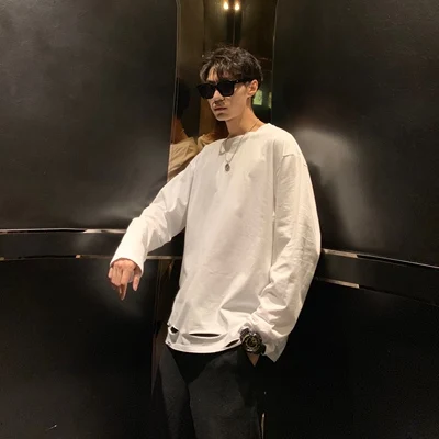 

han Men's spring hem hole T-shirt mid-length top with loose bottoming shirt