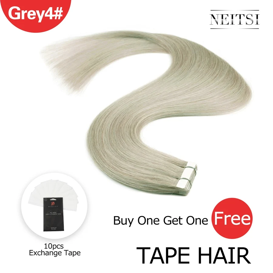 Grey4 Neitsi Machine Made Remy Tape In Human Hair Extensions 20" Double Side Tape Straight Ombre Skin Weft Hair+ Free Exchange Tapes - Цвет: Grey4