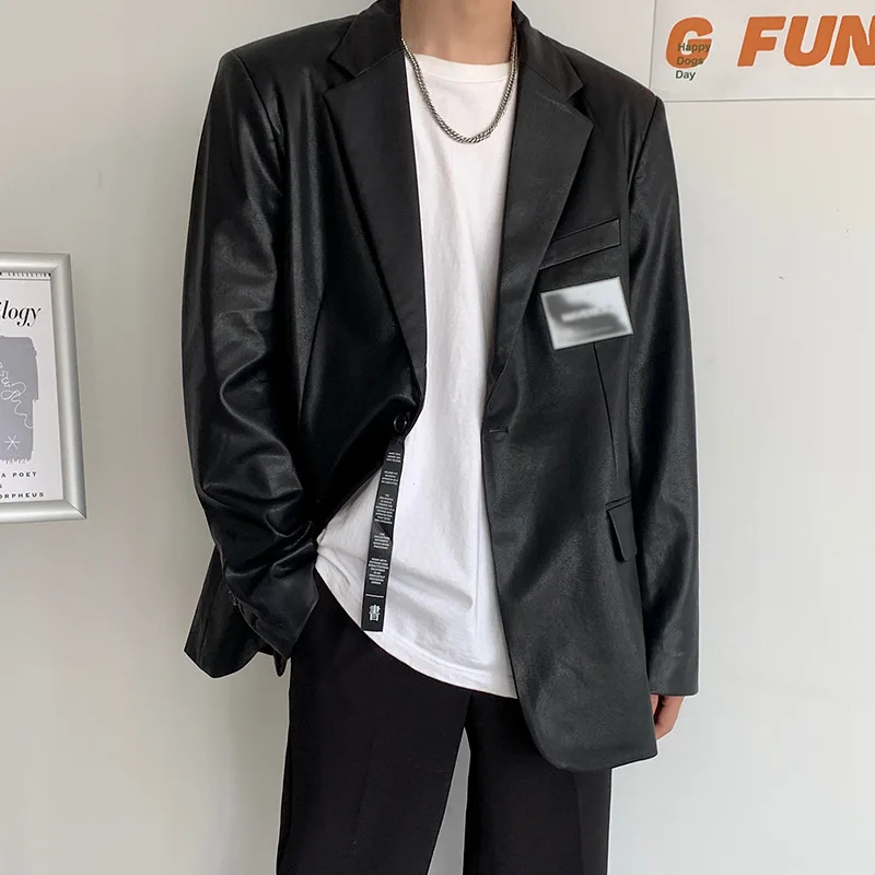

2021 spring and autumn new men's leather suit jacket Korean fashion trend solid color one-piece small suit