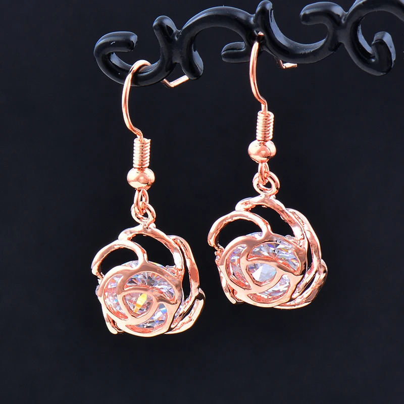 

LEEKER Shiny Flower Earrings Rose Gold Silver Color wedding accessories Cubic Zirconia Dangle Drop Earrings For Women 142 LK6