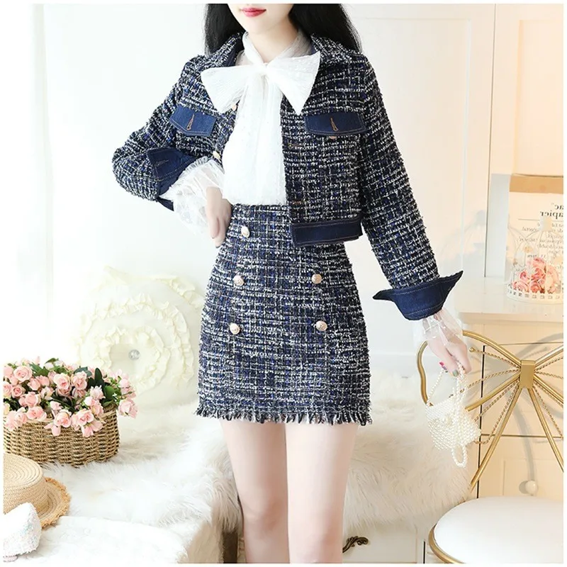 

Qualities Long Sleeve Single Breasted Denim Patchwork Tweed Short Jackets High Waist Tassel A-Line Skirts Womens 2Pcs Outfits