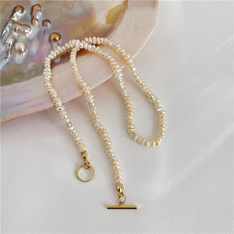 

French Freshwater Pearl Necklace For Women Baroque Natural Pearl Necklace Trend Vintage OT Buckle Clavicle Chain Jewelry Gift