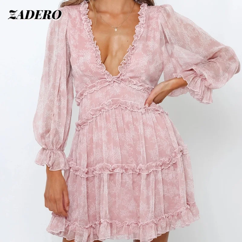 

Floral Leopard Print Dress Greeen A-Line Women Lace Ruched Long Puff Sleeve Deep V Neck Mini Dress Office Flared Dress Beach