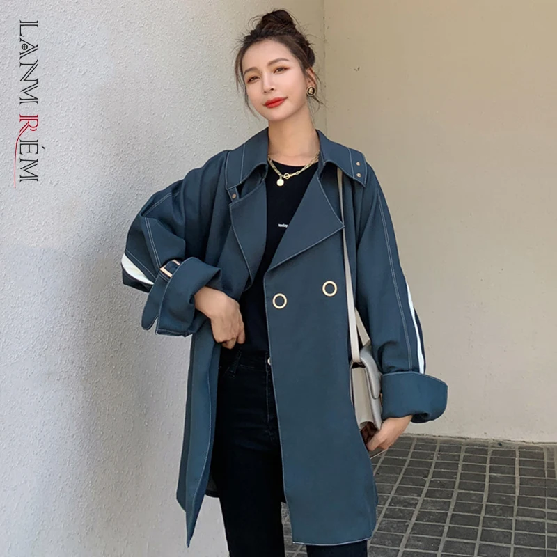 

LANMREM 2021 Осень Зима Новая ветровка женская с длинным рукавом Однотонная бандажная верхняя одежда женская модная одежда 2W1598