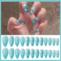 24pcsset blue sky white cloud pattern design false nail french stiletto full cover fake nails glue diy manicure nail art tools