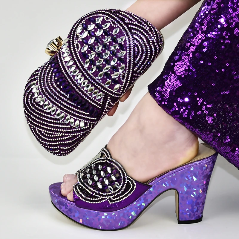 African Shoe and Bag Set Decorated with Rhinestone Summer High Heeled Shoes for Women Party Nigerian Women Shoes and Bag Set