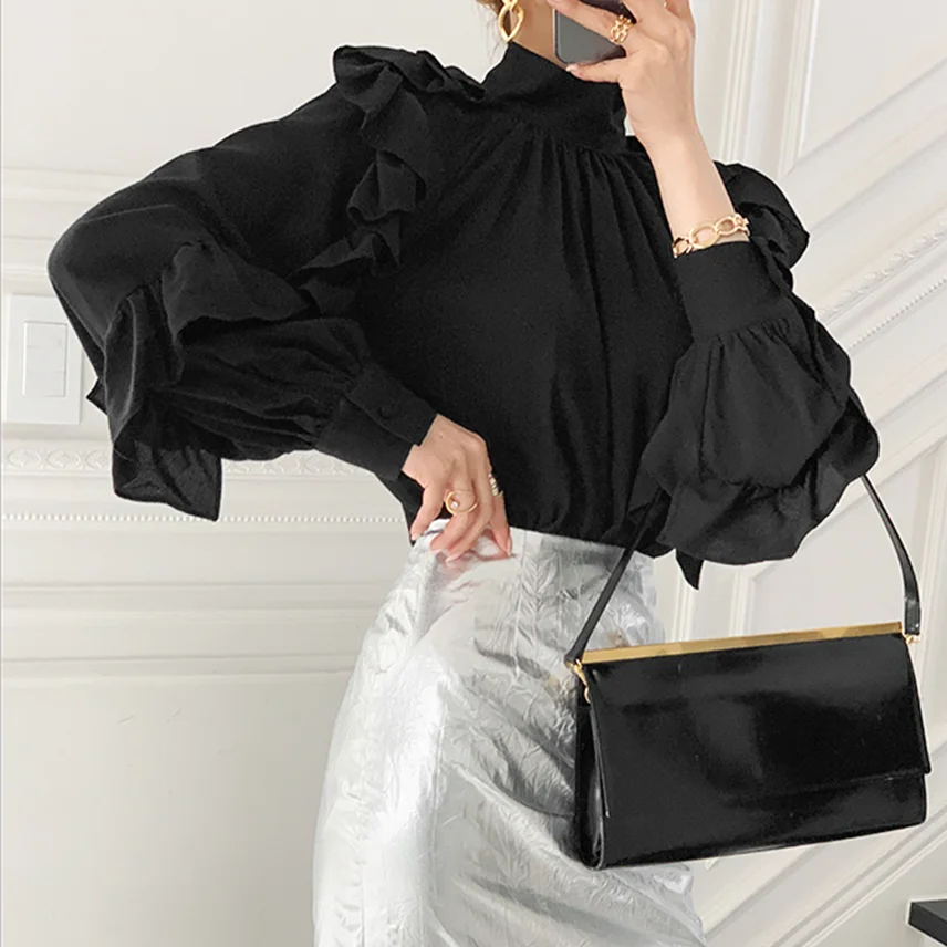 Блузка женская с длинным рукавом шикарный однотонный топ в Корейском стиле