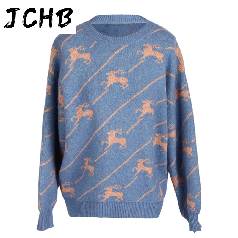 

JCHB Autumn O Neck Knit Women's Sweater Pullovers 2021 Harajuku Loose Cartoon Print Jumpers Sweater Coat Women Casual Knitwear