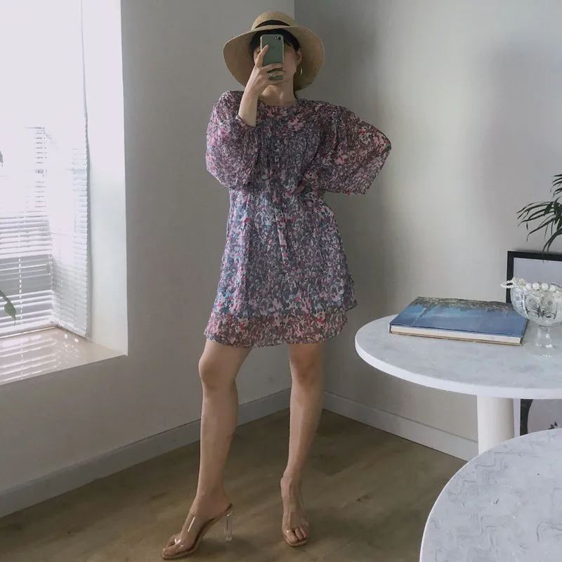 

Women New Arrive Dress Loose Printed Mulberry Silk Long-sleeved Mini Dress