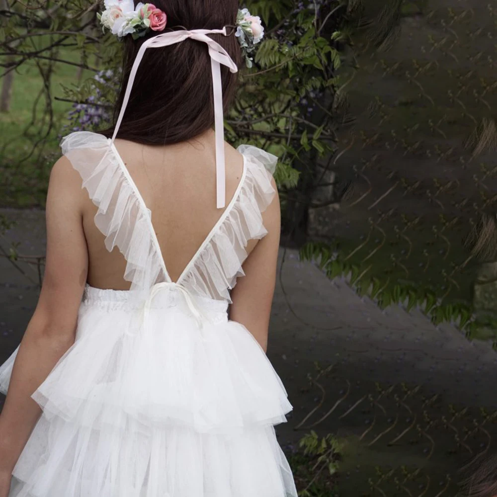 

White Flower Girl Dress 2021 Pearl Lace Princess Dress For Girl Short Sleeve First Communion Dresses