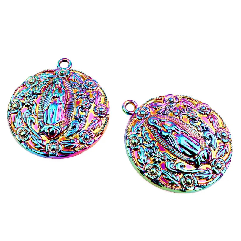

10pcs Round Alloy Rainbow Color Virgin Mary Pendants Charms Religion Exquisite Mother Pendant DIY Accessories Necklace Jewelry