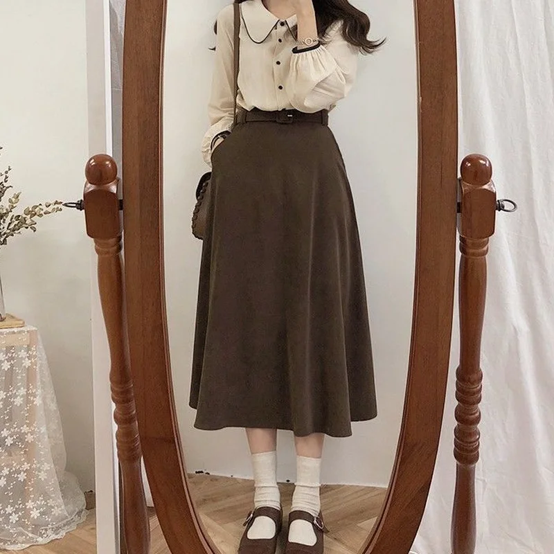

HOUZHOU Vintage Brown Long Skirts Women Korean Style Autumn Winter High Waisted A-line Midi Skirt with Belt Office Lady Elegant