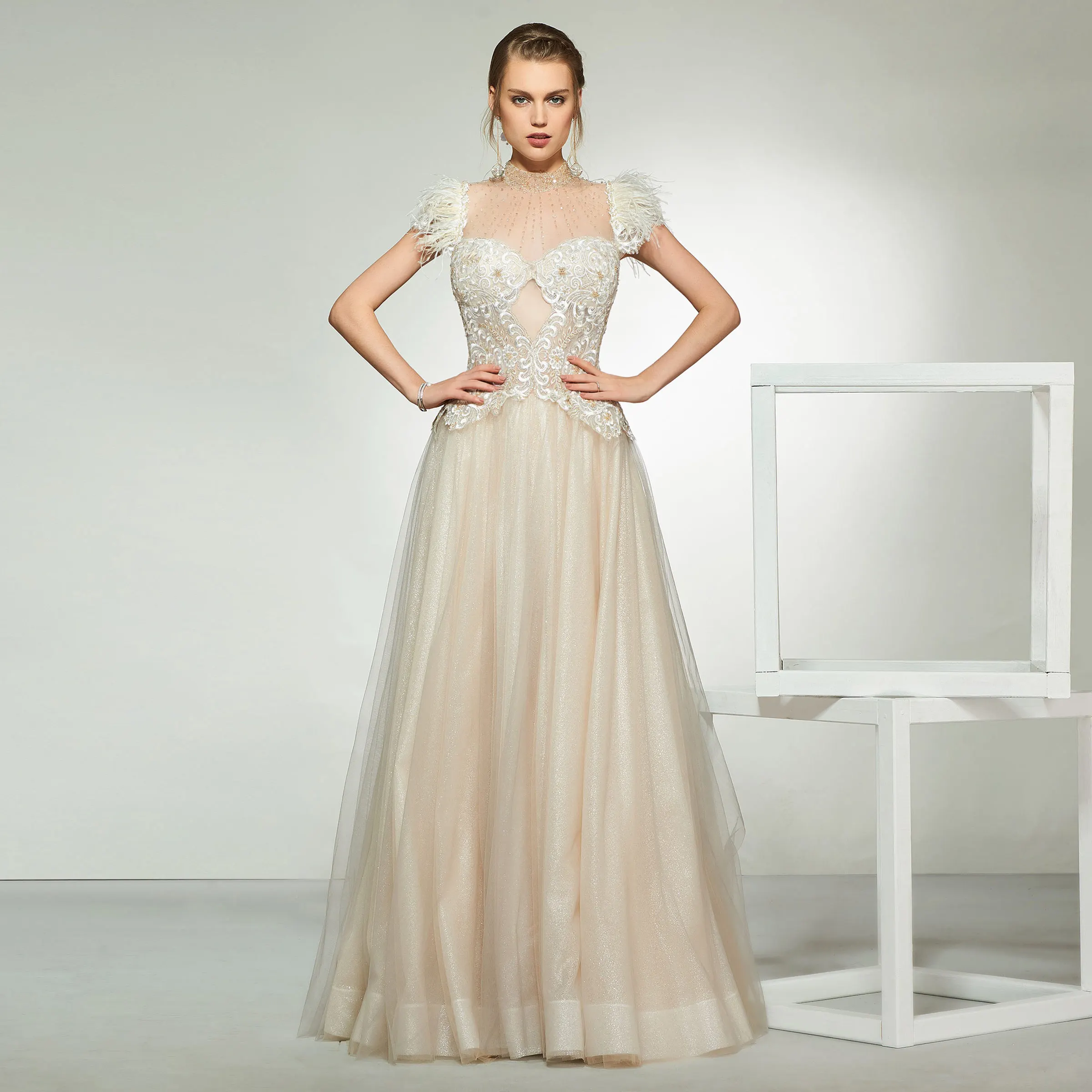 Элегантное свадебное платье Dressv с высоким воротником бусины кружевные рукава