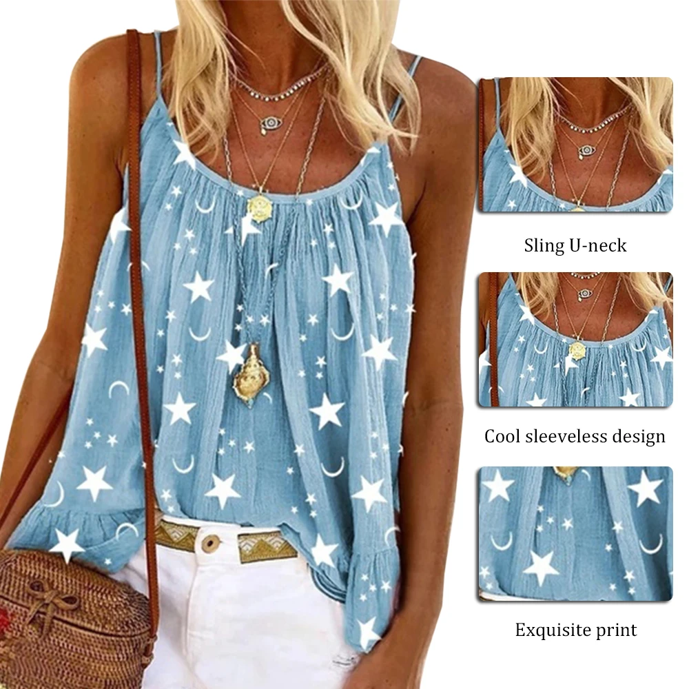 

2020 Women Tops Star Pattern Print Colorful Round Neck Wild Sleeveless Summer Casual Streetwear
