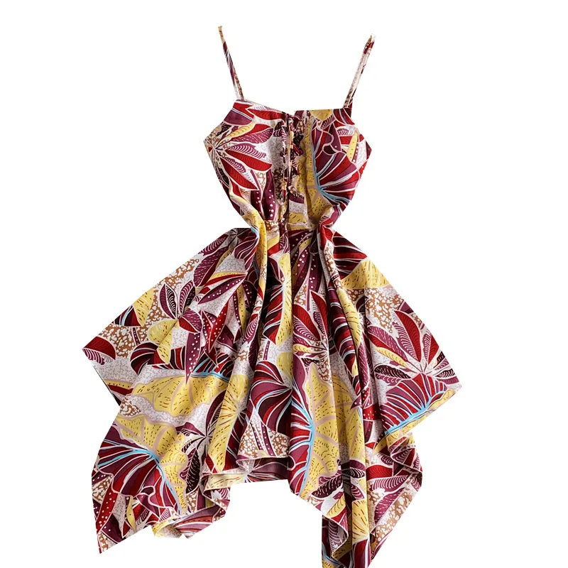 

French irregular temperament holiday floral suspender beach skirt summer slim waist print A-line dress irregular