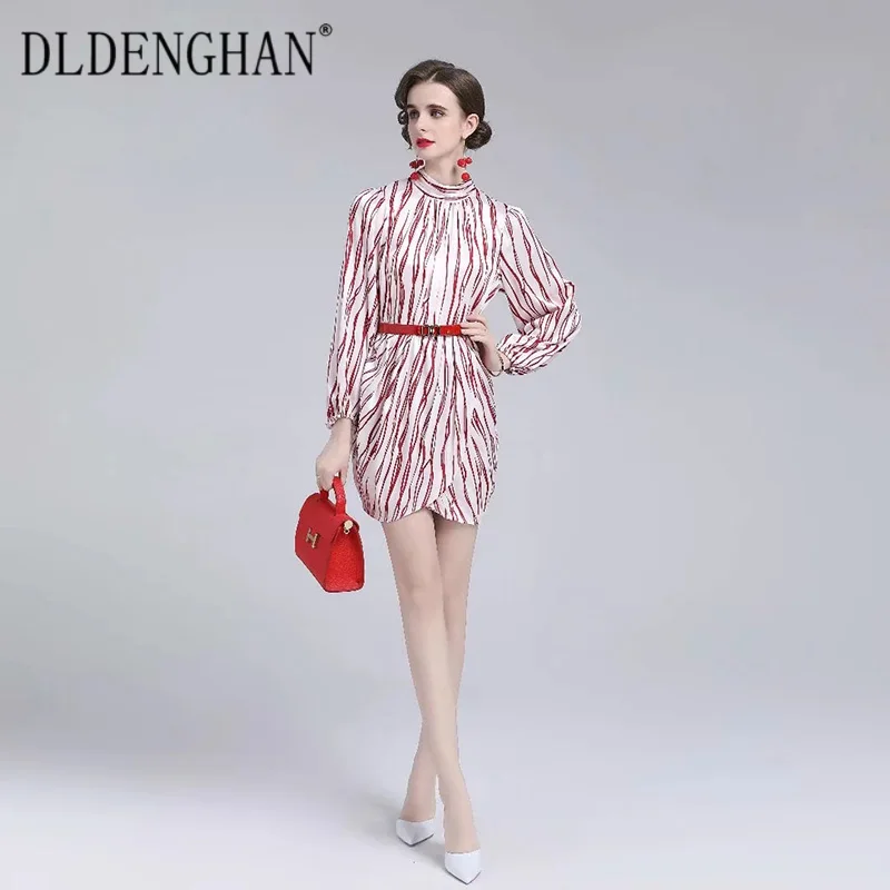 

DLDENGHAN Fashion Runway Designer Autumn Dress Women Stand Collar Lantern Sleeve Sashes Red Striped Print Office Lady Dresses