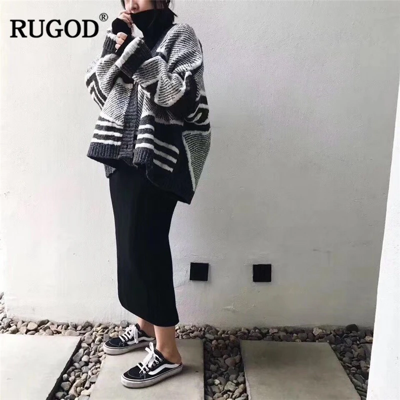 Черный RUGOD, новинка, Модный женский шерстяной кардиган, зима, осень, короткая куртка, волшебный цвет, в полоску, длинный рукав, свободный свитер, Sueter Mujer - Цвет: Черный