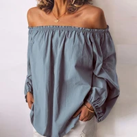 womens sexy off shoulder long sleeve shirt fashion casual loose solid color tops pleated t shirt slash neck cotton linen shirt