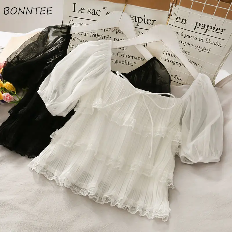 

Женские блузки, топы зауженного кроя с Camisa De Gasa с воротником со спрямленными углами 90s Mujer с буфами на рукавах Y2K шнурок женской одежды очаров...