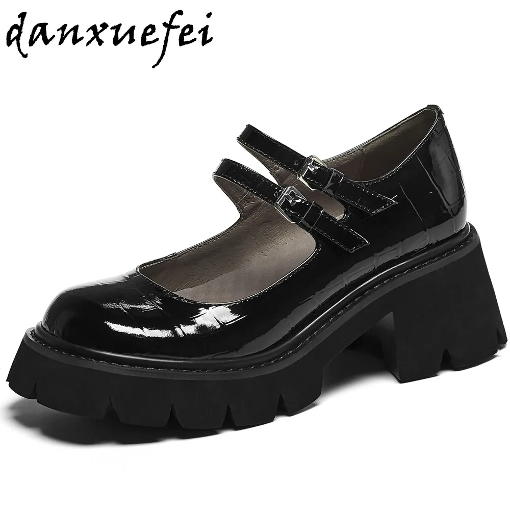 

Women's genuine leather thick sole platform flats mary jane female comfortable footwear double buckle round toe student shoes