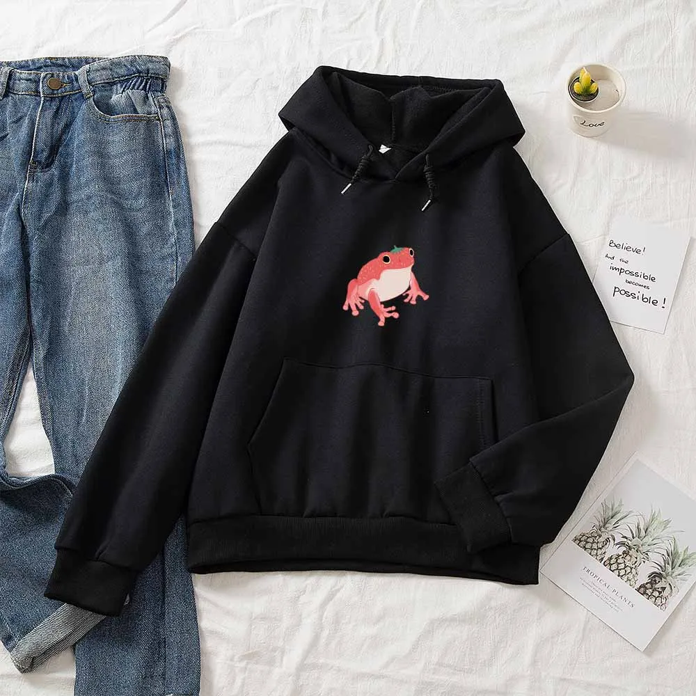 

Kawaii Frog Black Sweatshirt Streetwear Hoodie Harajuku Cute Clothes for Women Pullover Long Sleeve Hood Aesthetic Clothes