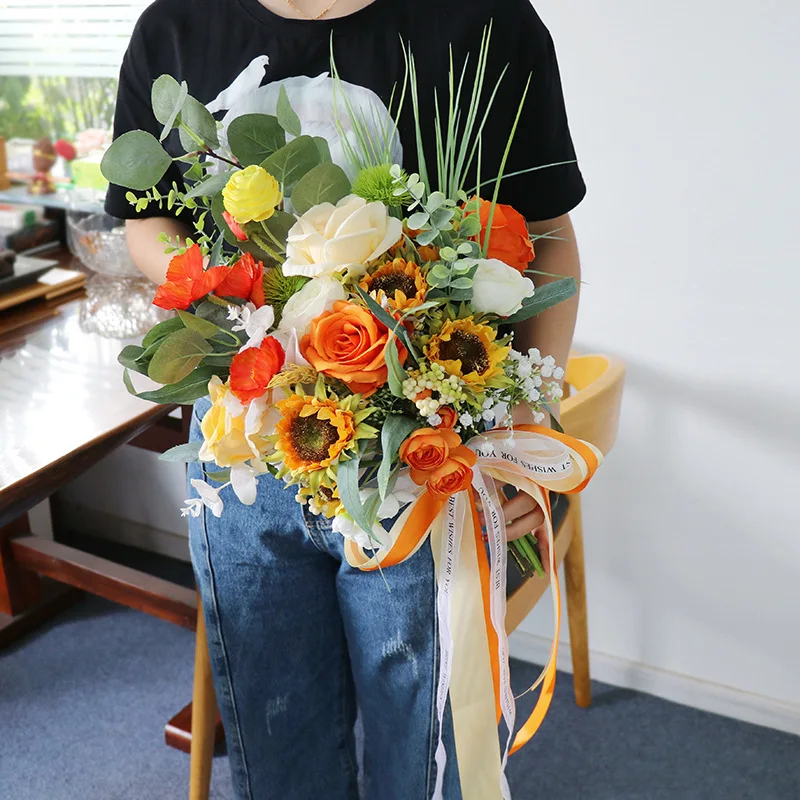 

NZUK White Yellow Roses Wedding Bouquet for Bridesmaid Hand Orange Tulip Holding Flowers bouquet for Bride Ramo Novia