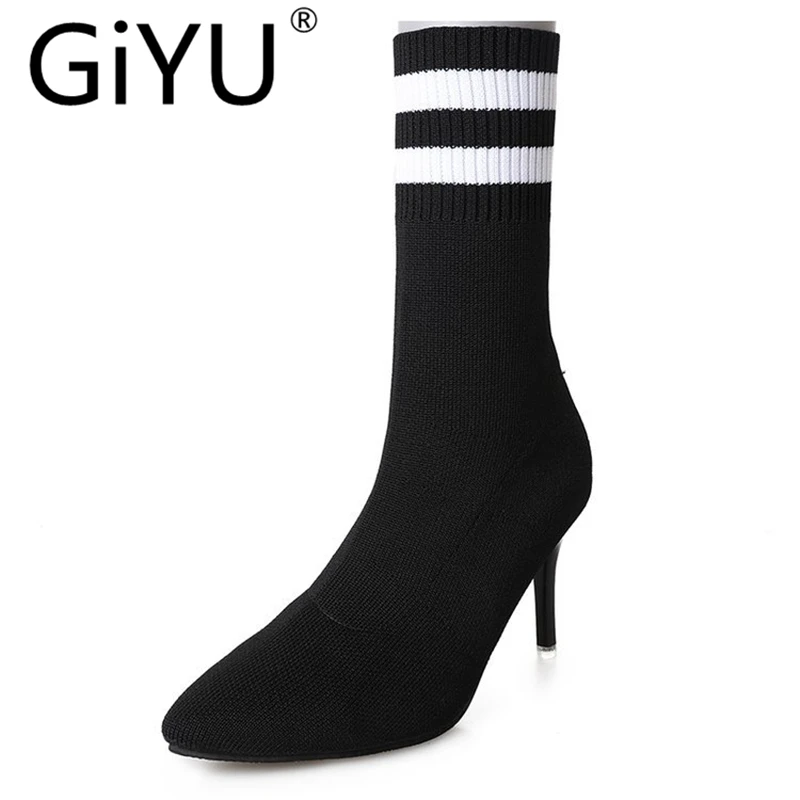2019 г. Стильные ботинки с острым носком вязаные эластичные женские сапоги на