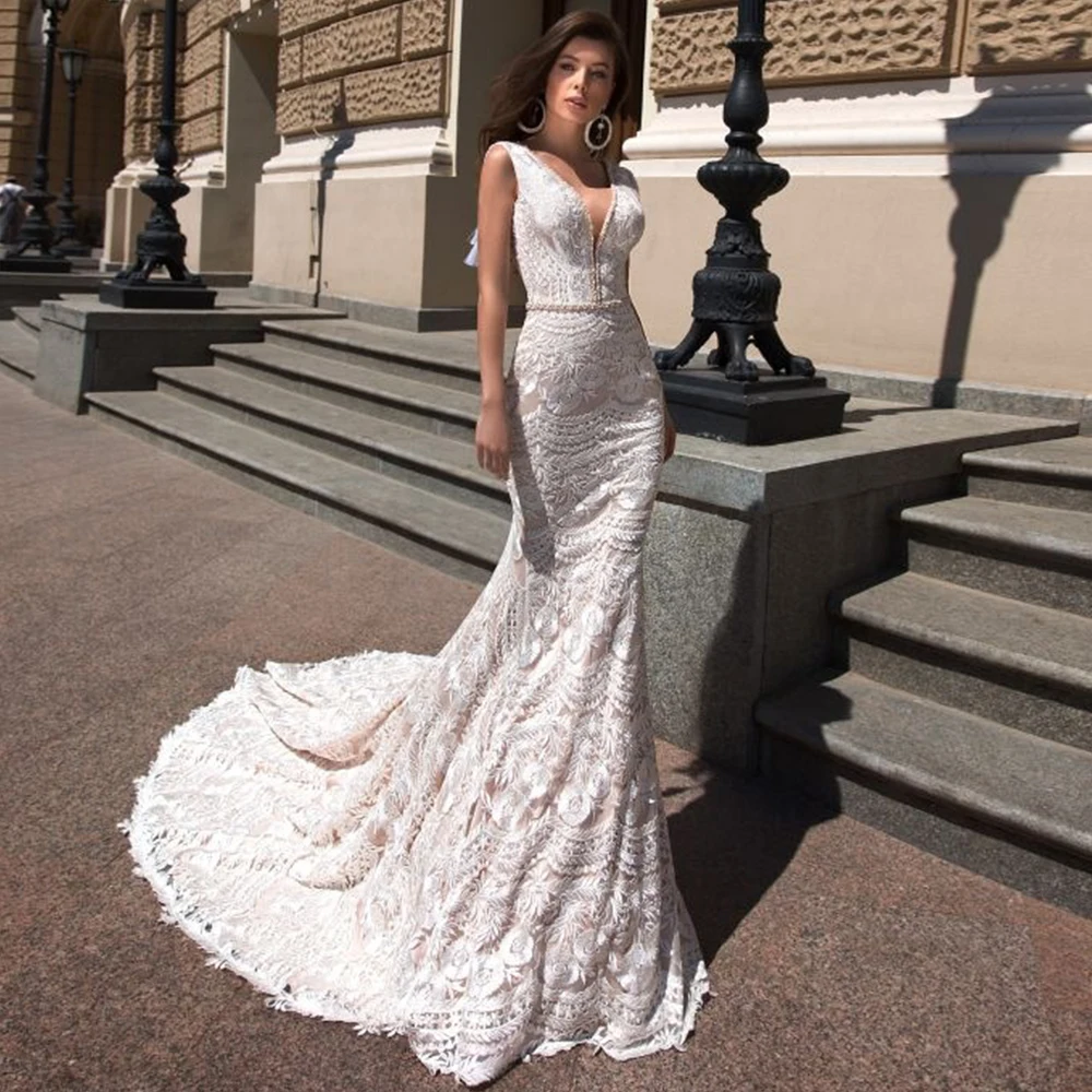 

Exquisite Mermaid Wedding Dresses for Brides Sleeveless Lace Appliques V-Neck Backless Court Train Bridal Gown Vestidos De Novia