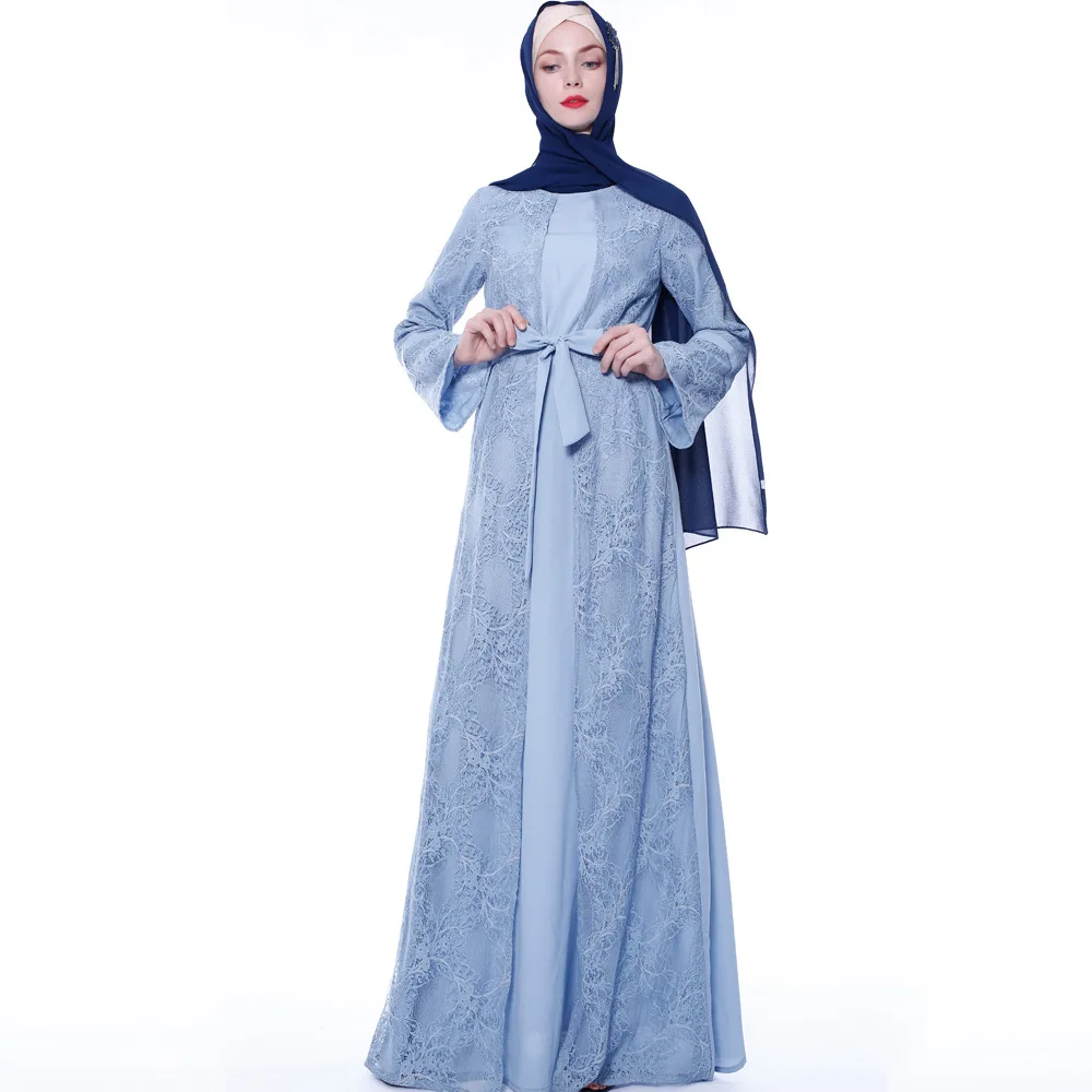 

New Muslim Arab Turkish fake two-piece dress long skirt lace trumpet sleeve female skirt ethnic Malaysian Islamic clothing robe