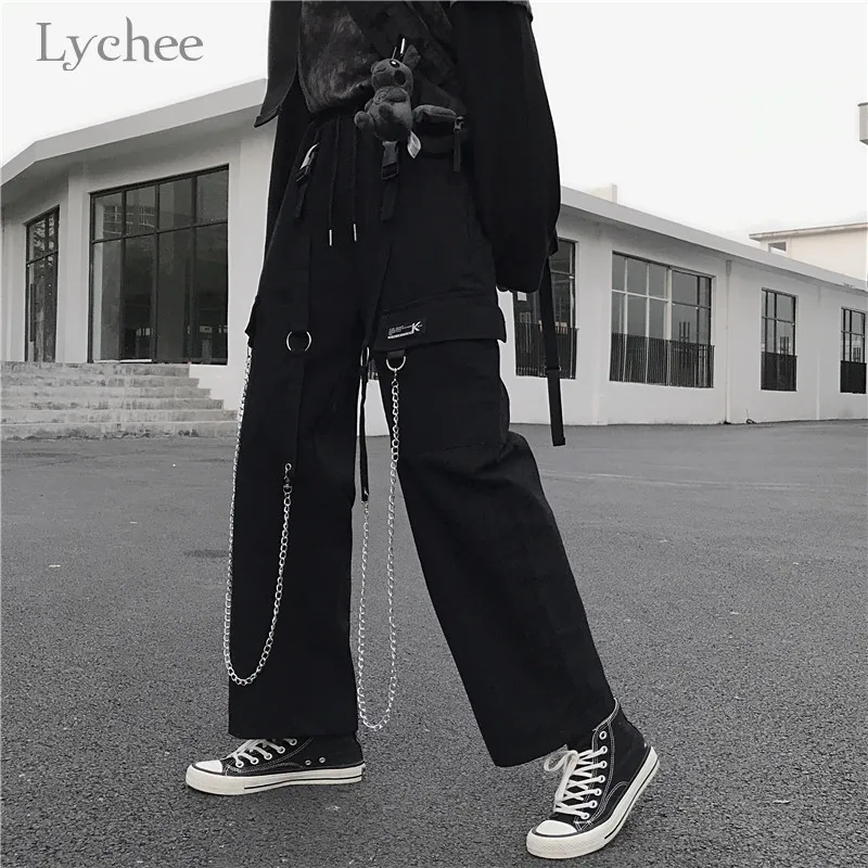 

Lychee Harajuku Solid Chain Tape Female Pants Elastic Waist Loose Wide Leg Lady Trousers Casual Spring Autumn Female Bottoms