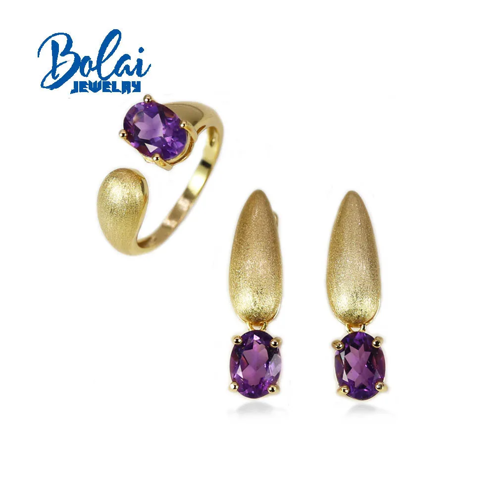

Bolai,Natural Africa amethyst oval 6*8mm Ring earrings Jewelry Set 925 Sterling silver fashion women's fine jewelry