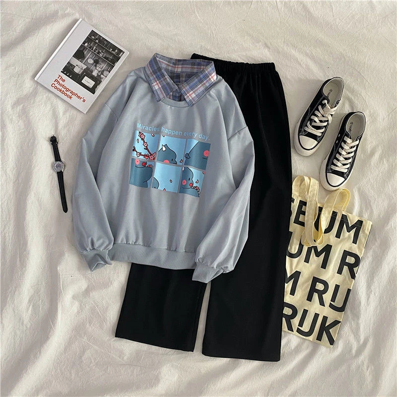 

Cartoon Clothes Women Vintage Sweatshirt Joggers Long Sleeve Tshirt Pants Set Egirl Alt Aesthetic Streetwear Japanese Outfits