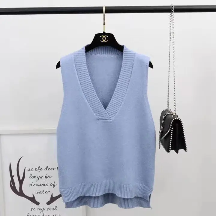 

Sweater Vest Women Solid V-neck Loose Plus Size 3XL Simple Classic Elegant Office Ladies Vests Ulzzang Chic Leisure New Knitting