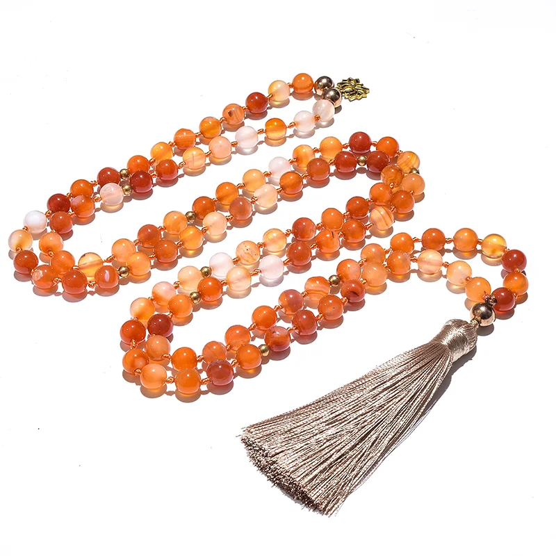 8mm Orange Agate Japamala Beaded Necklace Meditation Yoga Blessing Spirit Jewelry Set 108 Mala Women Rosary Lotus Pendant | Украшения и