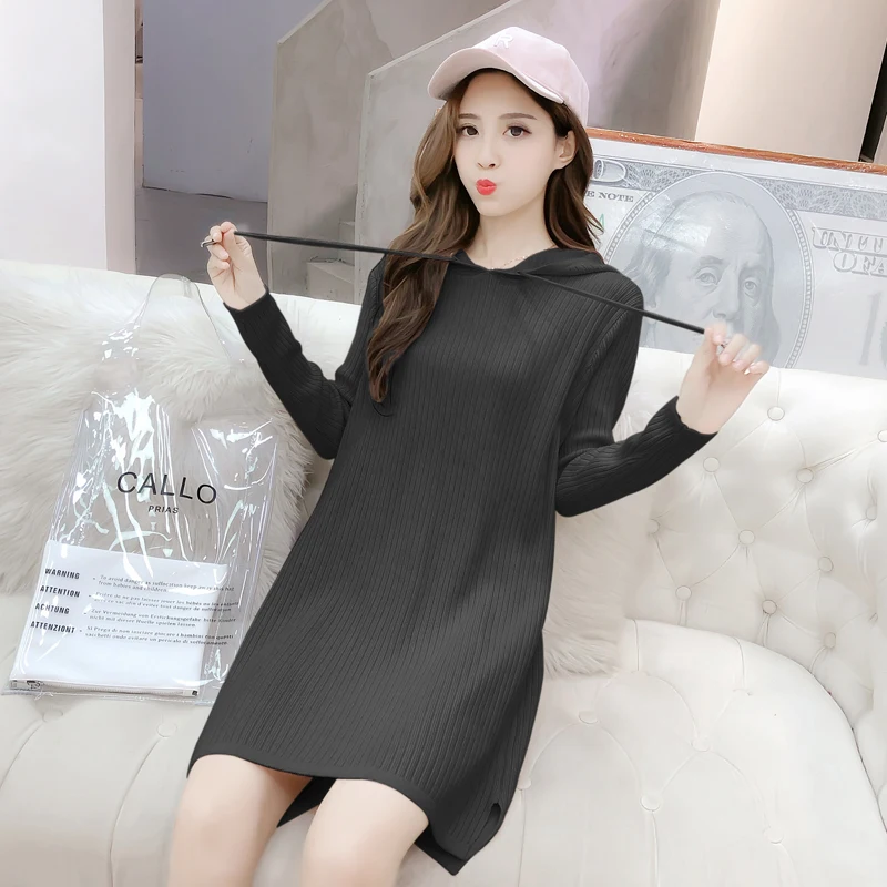 

New Elegant Women Autumn Winter knitted pullover mid-length hooded sweater Lazy Sweet style sweater base dress