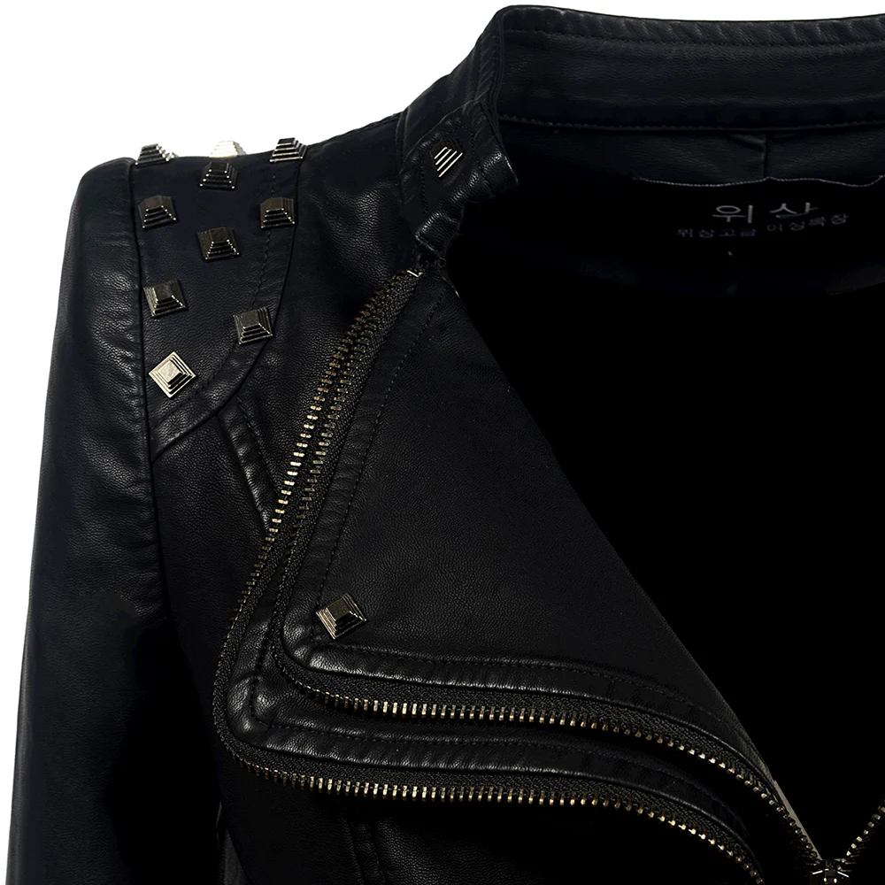 

Women PU Leather Jacket Plus Size Casual Gothic Punk Motor Ladies Slim Zipper Rivet Pocket Autumn Female Fashion Black Coat