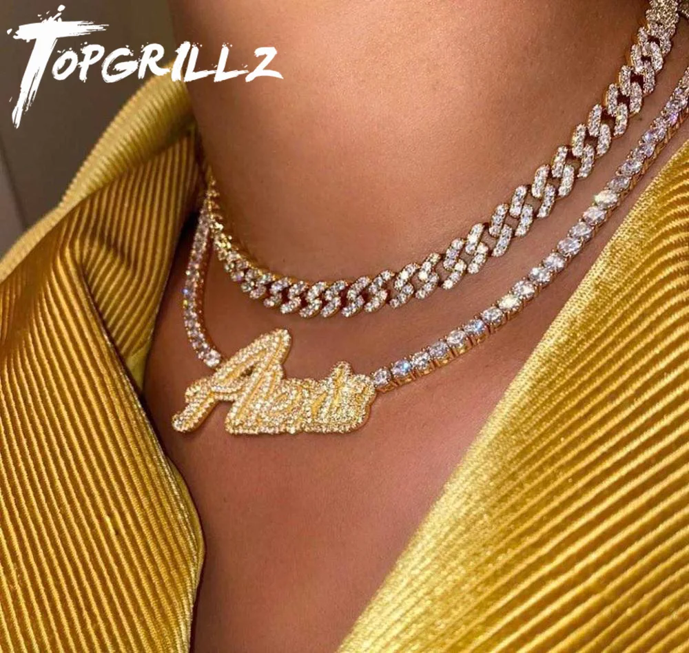 TOPGRILLZ New A-Z Custom Name Letters Pendant With 4mm Tennis Chain High Quality Micro Pave CZ Hip Hop Jewelry For Women Men