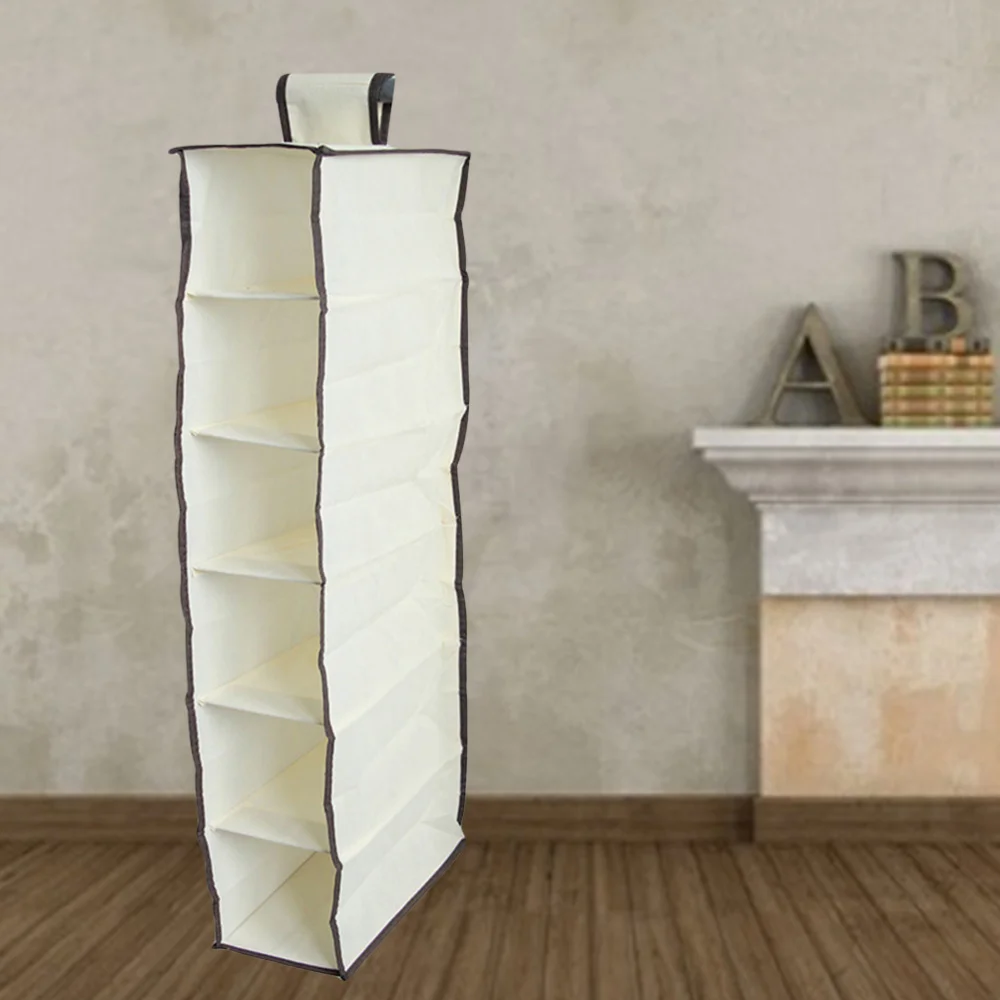 

6 Layers Pocket Non-woven Fabric Hanging Bag Foldable Clothes Storage Organizer Home Wardrobe Hanging Pouch - 15x30x78cm (Beige)