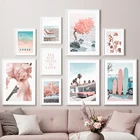 Настенная картина с изображением розового воздушного шара, доски для серфинга, синего моря, пляжа, настенные картины на холсте, скандинавские постеры и принты для декора гостиной