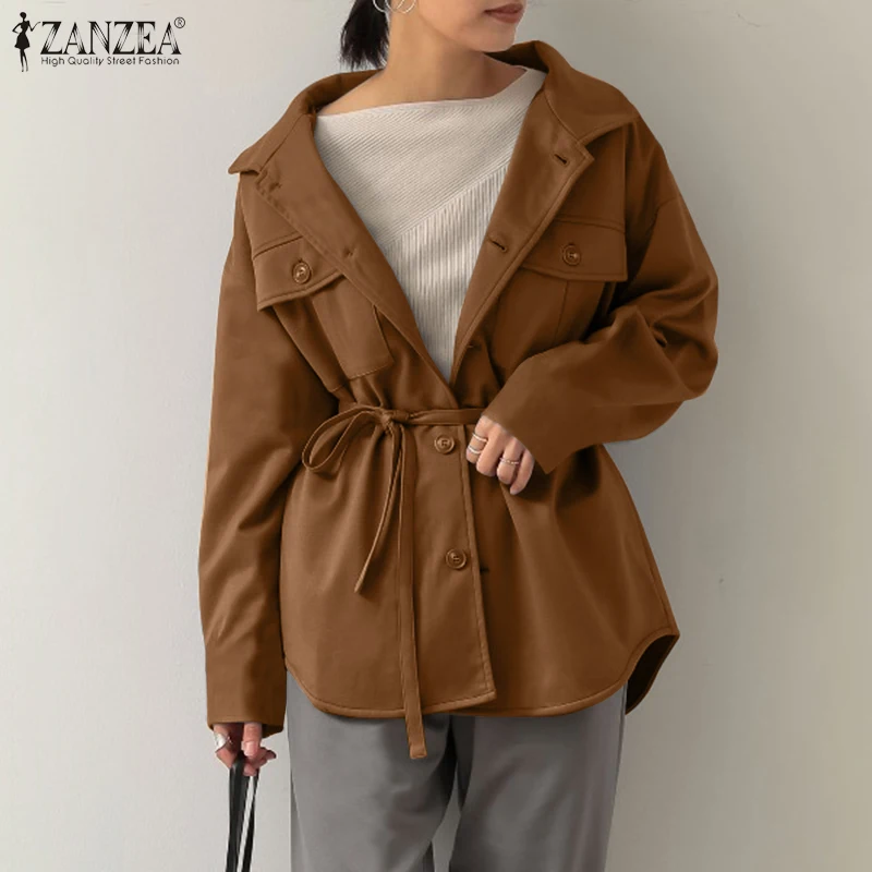 

2022 Fashion OL Vintage Women Blouse Shirts ZANZEA Spring Long Sleeve Tops Casual Solid Loose Belted Oversized Blusa Femininas