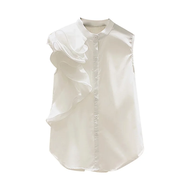 

Ruffled Panelled Sleeveless Stand Collar Womens Shirts 2020 Summer Loose Temperament Ladies White Bloue Blusa Blusas Mujer