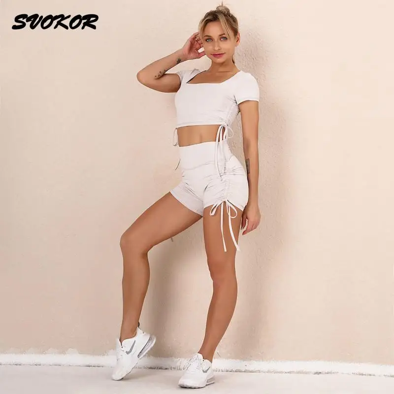 

SVOKOR 2Pcs Women Sport Set Seamless Fitness Drawstring Yoga Set Shorts Workout Running Gym Clothing Summer Sportswear