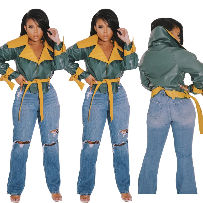 

Женская куртка из ПУ кожи, с отложным воротником и длинным рукавом