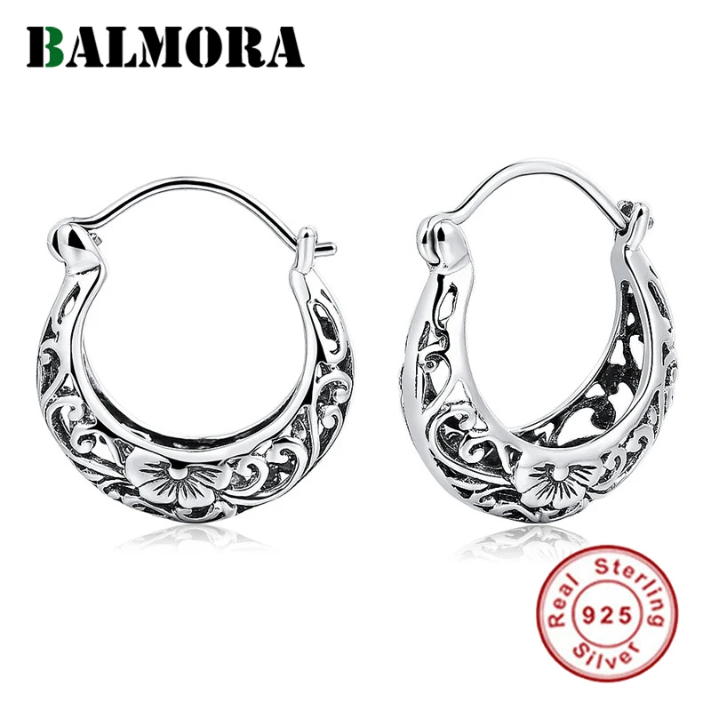 BALMORA Real 925 Sterling Silver Earrings  Flower Oval Hollow Filigree Hoop Earrings for Women Retro Ethnic Fashion Jewelry
