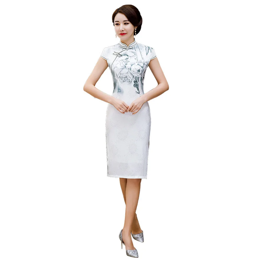 

Fashion Stand Collar Short Sleeve Large Size Slim Female Cheongsam New Chinese Style Silk Print Daily Banquet Elegant Cheomhsam