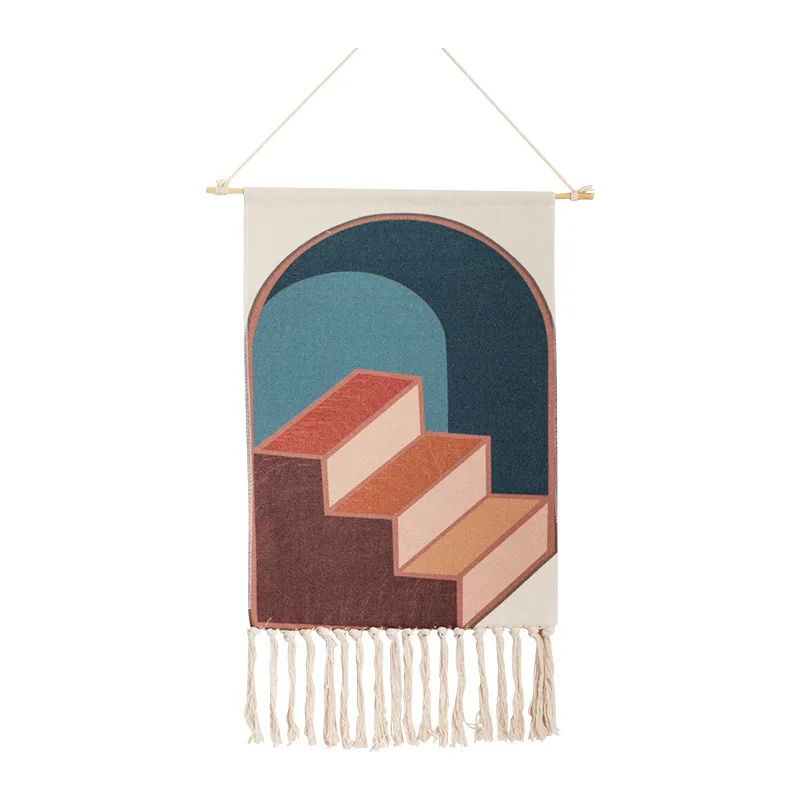 

Tapestry Hand-woven Tassel Tapestry Abstract Printing Cotton Linen Nordic Style Cloth Background Bedroom Home Decoration Pendant