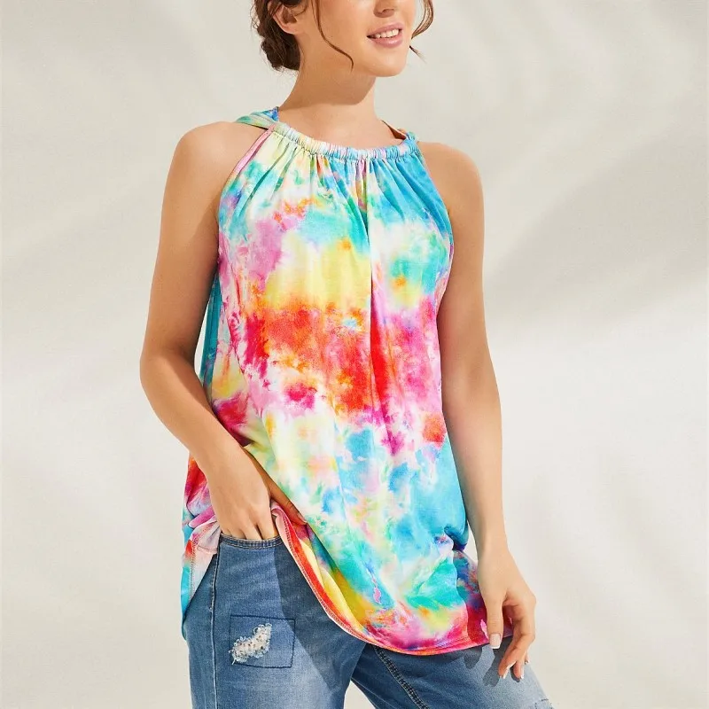 

New Plus Size Womens Summer Halter Tie-dyed Vest Tops T Shirt Loose Mini Tank top