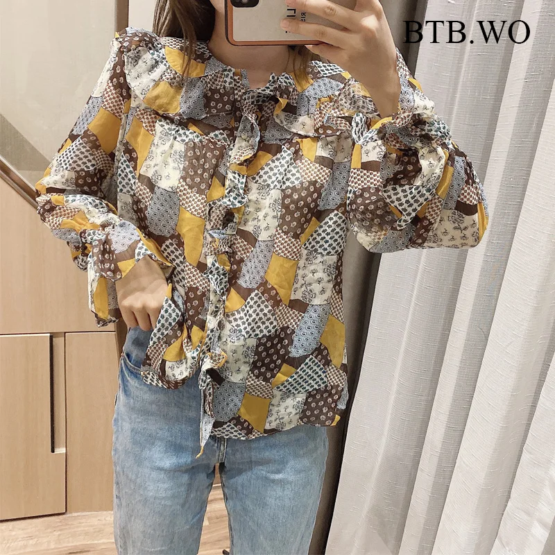 

BTB.WO Za Women Sweet Agaric Lace O Neck Floral Print Casual Smock Blouse Long Sleeve Vintage Shirt Female Blouse Tunic Tops